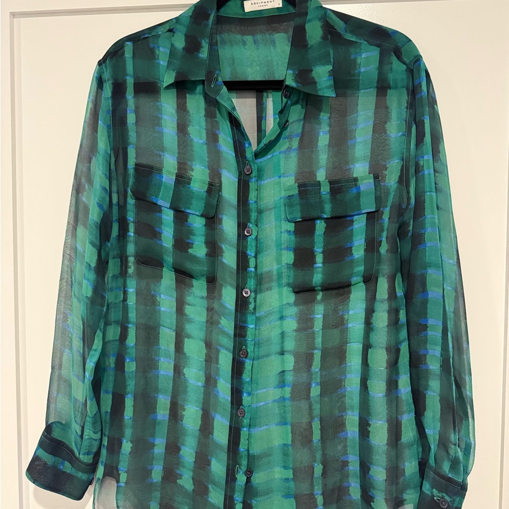 Equipment Silk Green and Blue Sheer Blouse